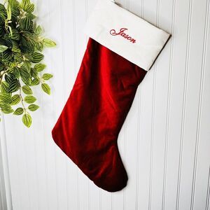 Pottery Barn JASON Oversized Red White Velvet Christmas Stocking Mono NWOT